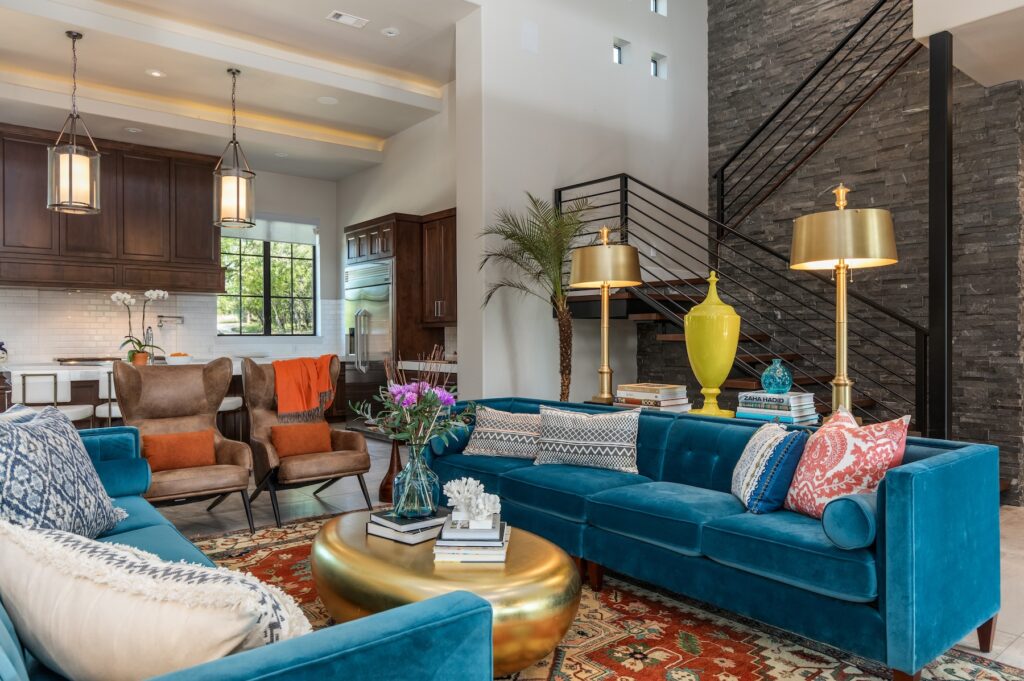 "Bright and colorful San Antonio living room with modern furniture and large windows showing natural light"