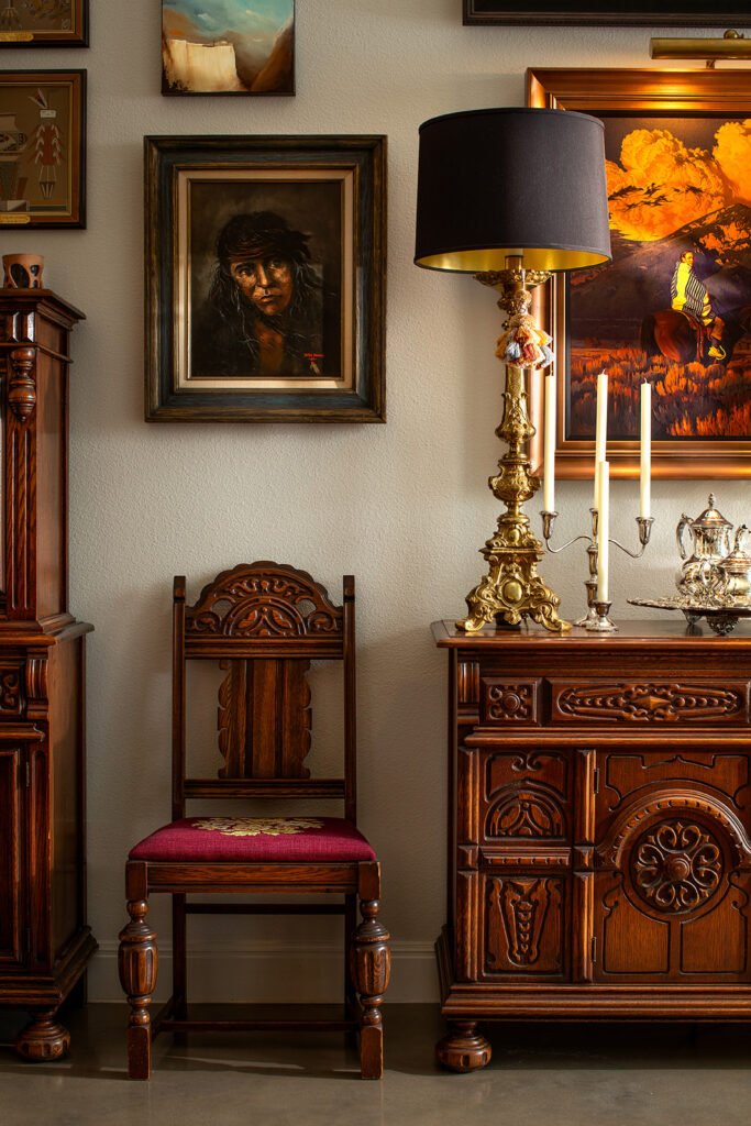 "Handcrafted oak furniture by Texas artisan with hand-carved details"