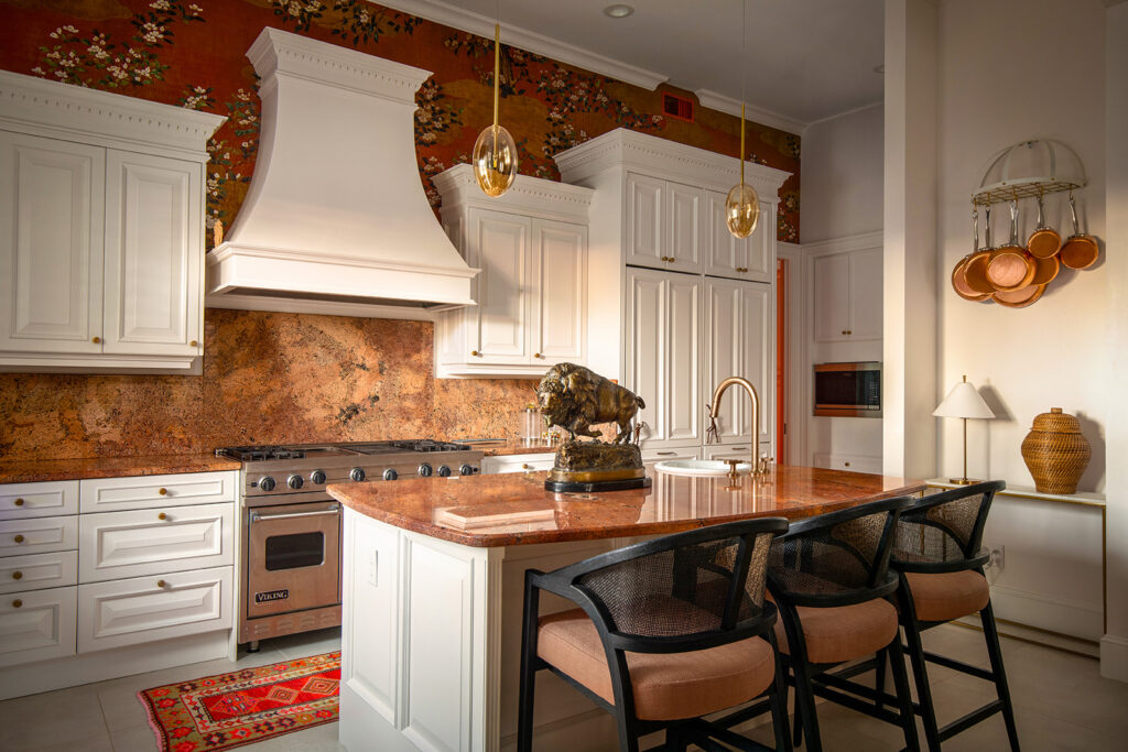 Traditional kitchen with granite countertops and white cabinets designed by Core Design San Antonio Texas